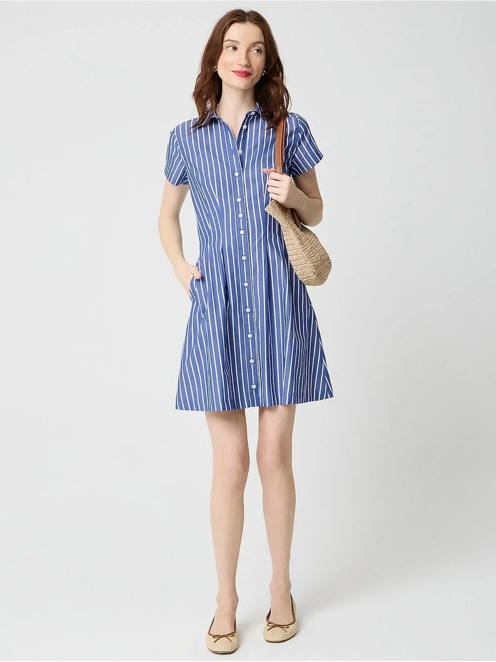 J. Crew Striped poplin pleated shirt-dress